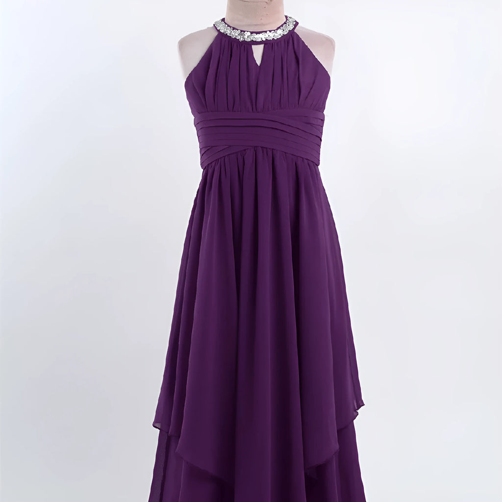 Girls princess dress in polyester, available in wine red, pink, white, purple and navy blue, height sizes 110cm to 160cm