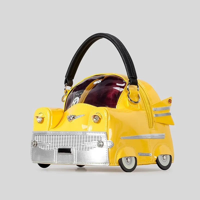 Creative cute car-shaped handbag in pink with contrast stitching and cross-body strap