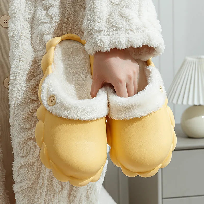 Waterproof EVA winter slippers with plush lining, non-slip sole, in pink, yellow, green, grey, black, sizes 36-45.