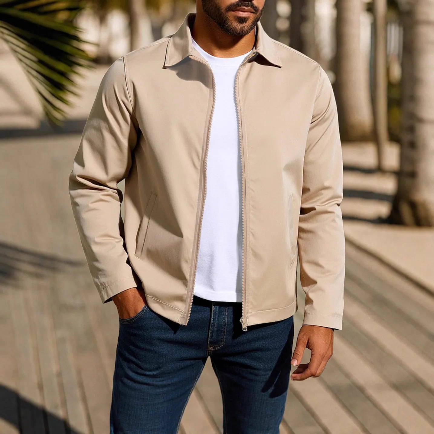 Men's zipper-front cardigan jacket with raglan sleeves in polyester blend fabric