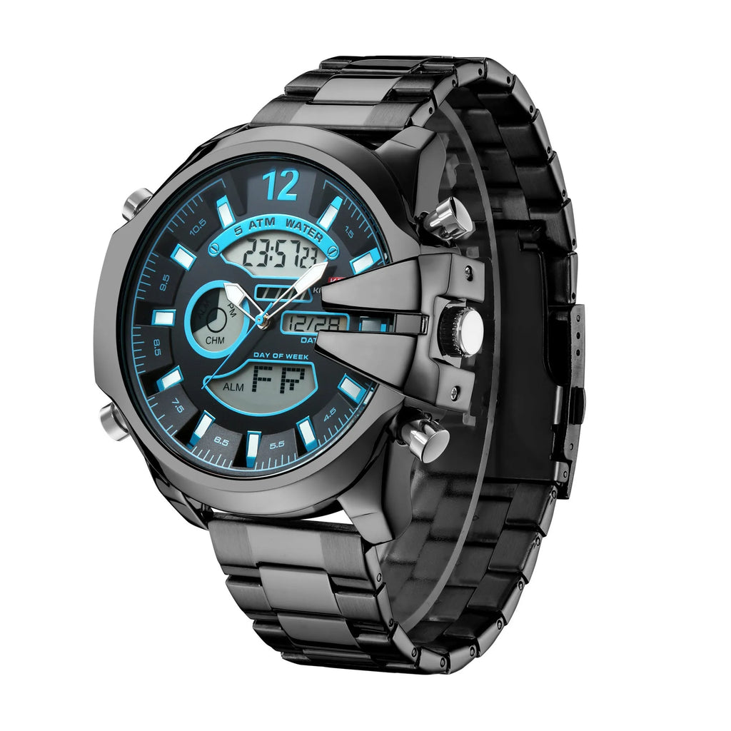 Men's double display LED sports watch with alarm, 30m water resistant, stainless steel strap, 55mm round dial, black colour