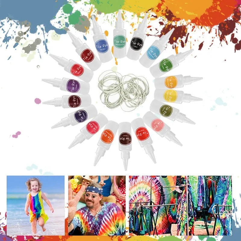 Children's 18 colour dye storage box set with tablecloth, gloves, and rubber bands on white background