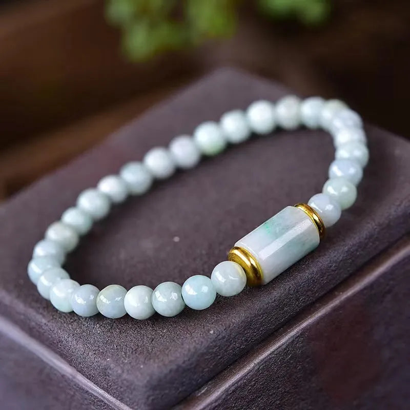 Natural Myanmar jade stone bracelet with round ice jade beads in emerald colour, ethnic geometric design