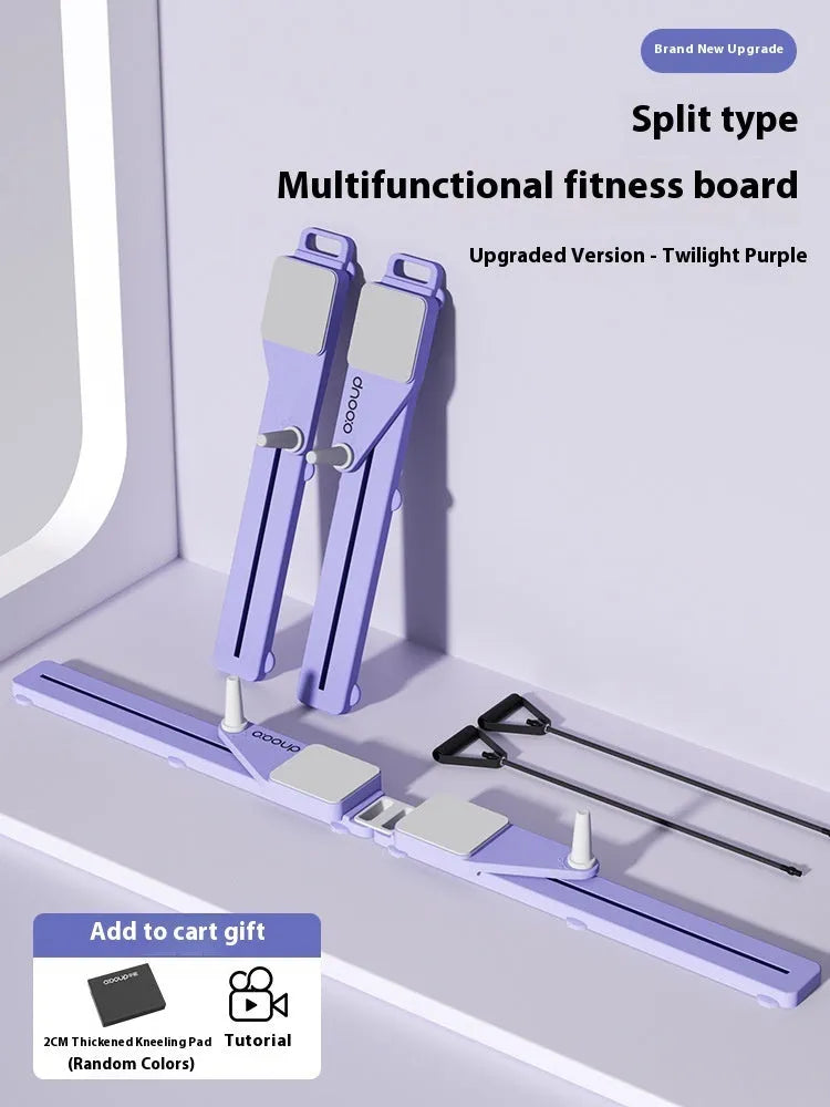 Split multifunctional skiing machine trainer, a long purple fitness board on a home floor.