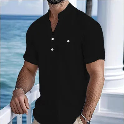 Man wearing a light apricot coloured stand collar linen blend short sleeve t-shirt with a loose fit.