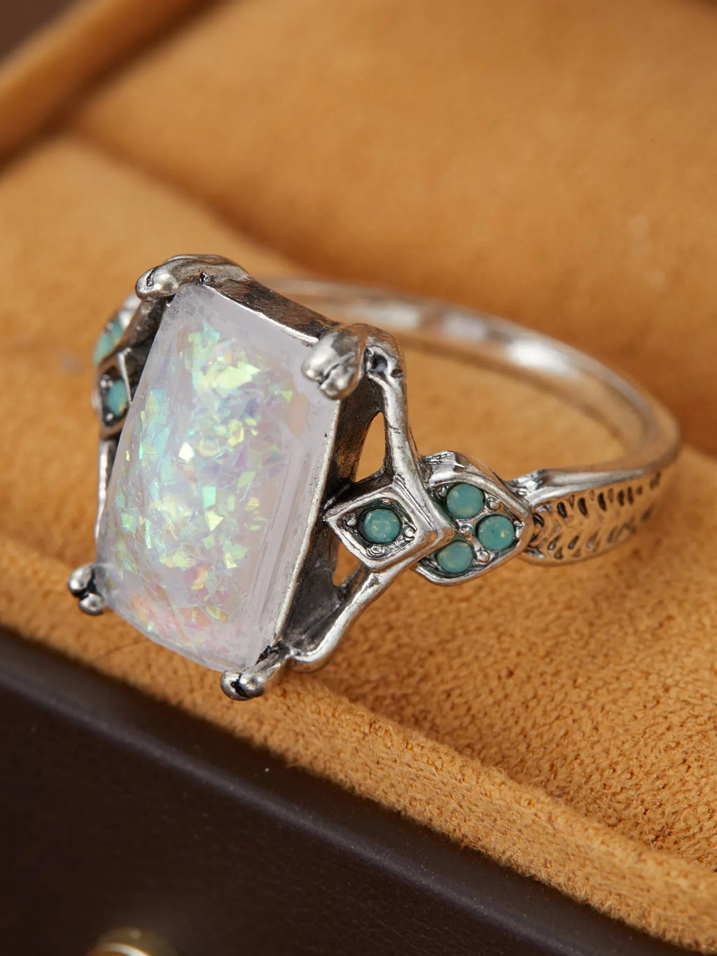 Rectangular white opal ancient silver ring ornament on silver alloy band, geometric style, available in sizes 6 to 10.