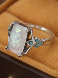 Rectangular white opal ancient silver ring ornament on silver alloy band, geometric style, available in sizes 6 to 10.