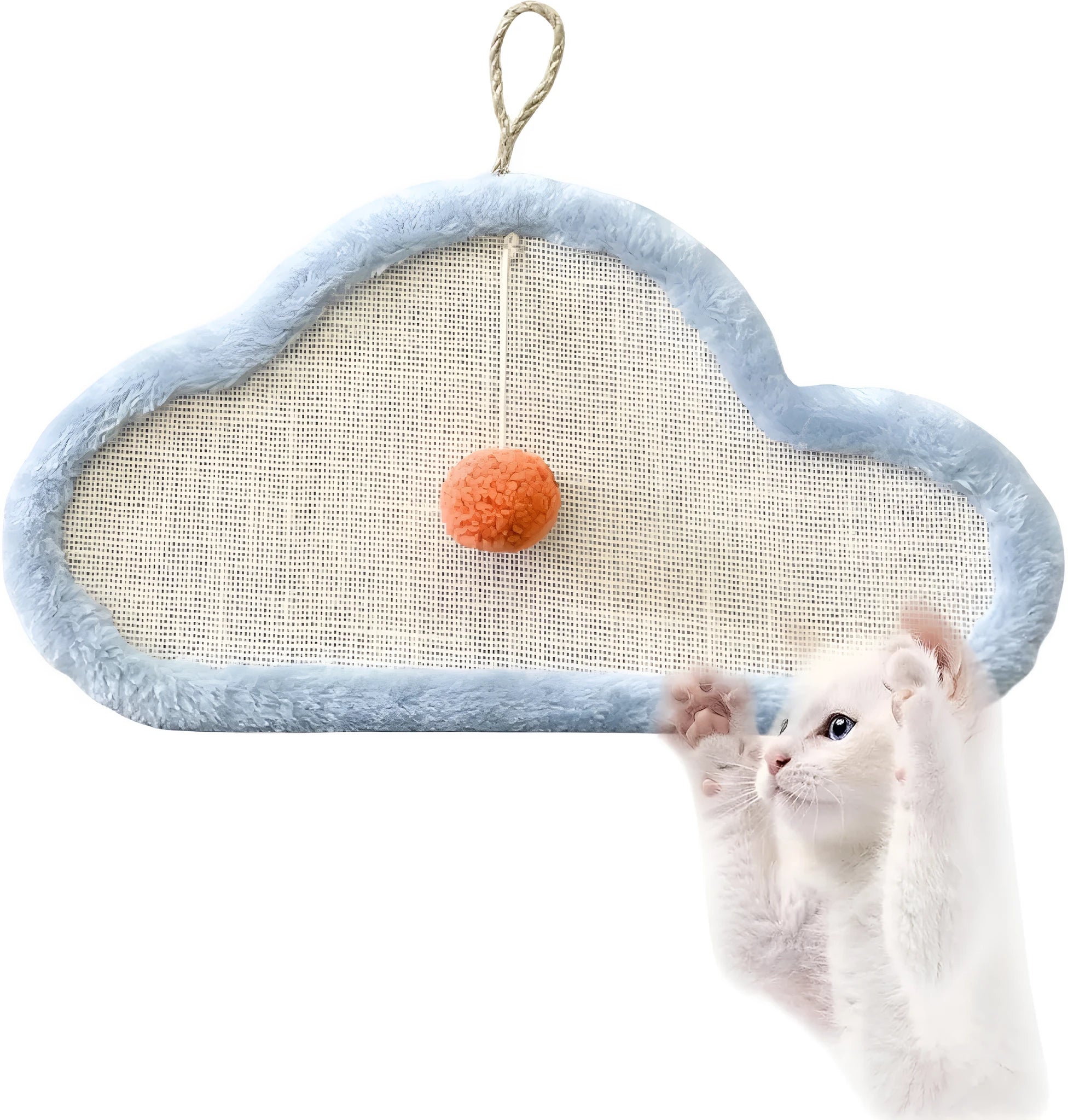 White wall-mounted cat scratching mat with cartoon cat design made from natural sisal