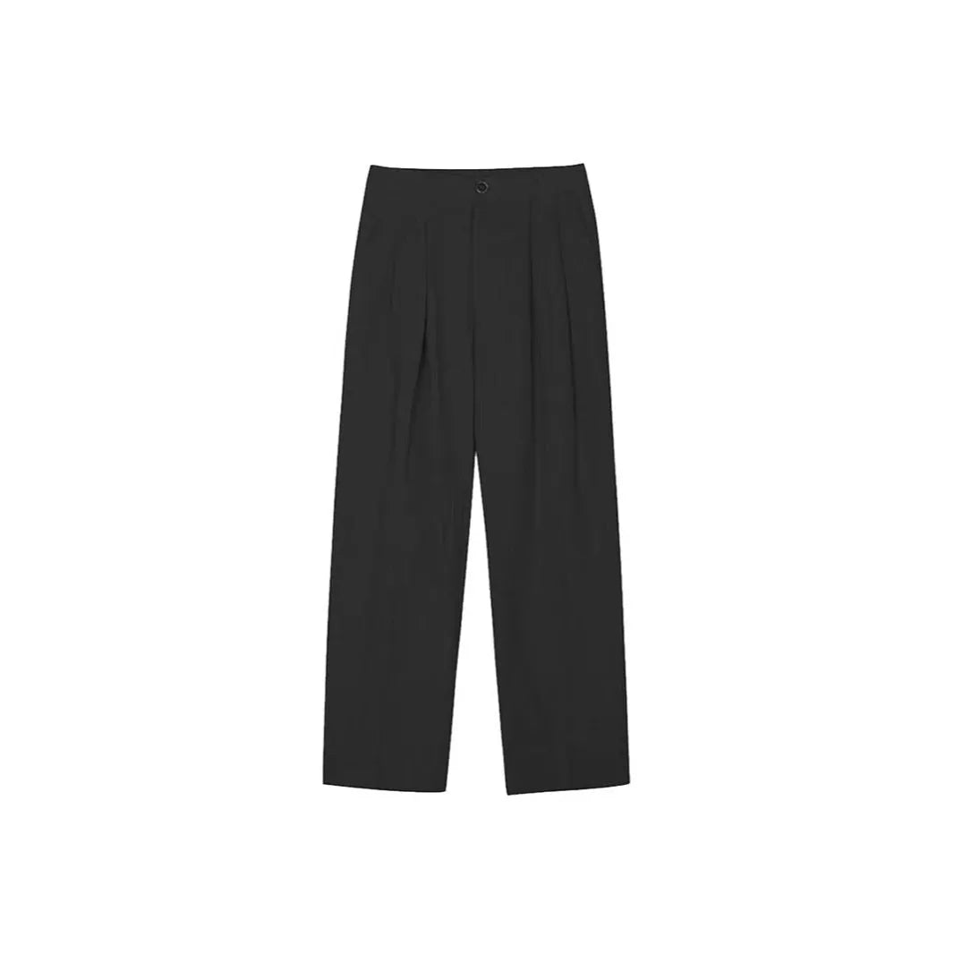 Men's loose-fit apricot coloured cotton linen blend trousers with a straight leg and elastic waistband.