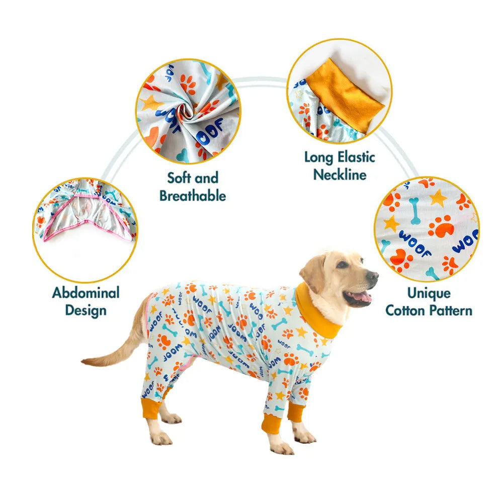 Cotton four-legged dog jumpsuit with colourful print design, shown on a small dog.