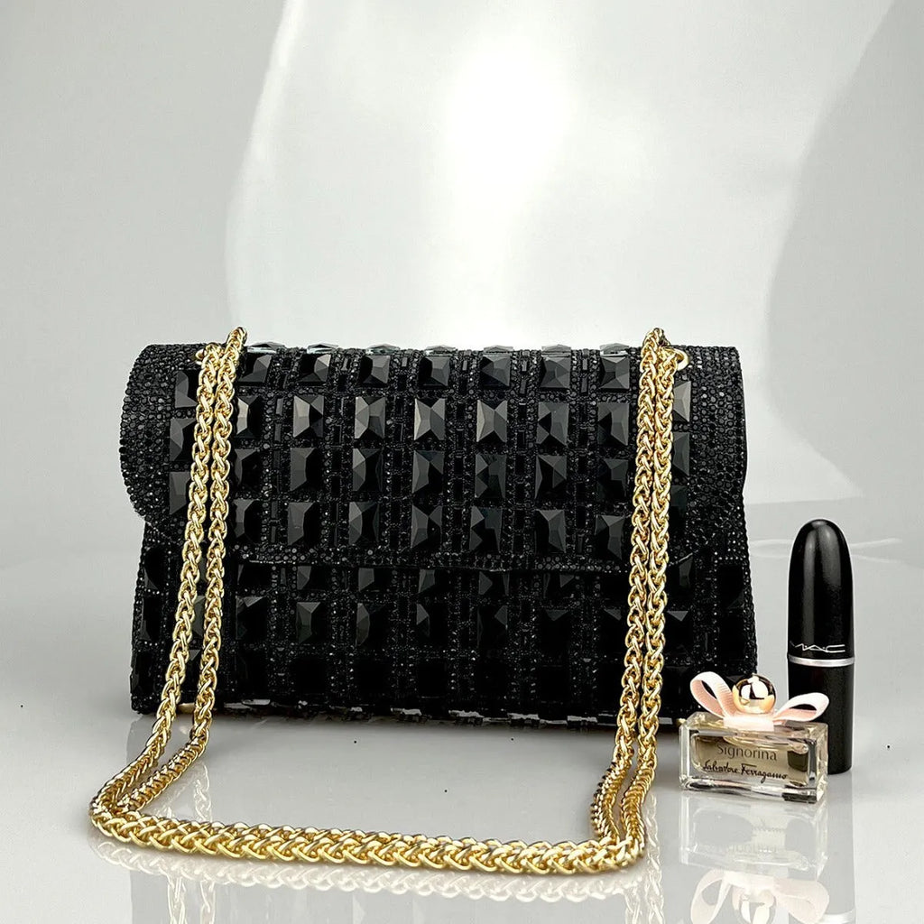 Glass rhinestone chain clutch handbag in horizontal square shape with retro styling and chain strap