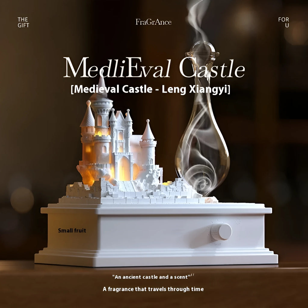 White medieval castle-shaped waterless aromatherapy machine with ambient light on a surface