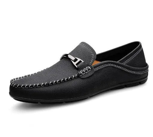 Breathable two-layer cowhide slip-on casual shoes with rubber sole, round toe, and sewing thread details