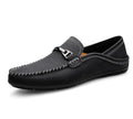 Breathable two-layer cowhide slip-on casual shoes with rubber sole, round toe, and sewing thread details