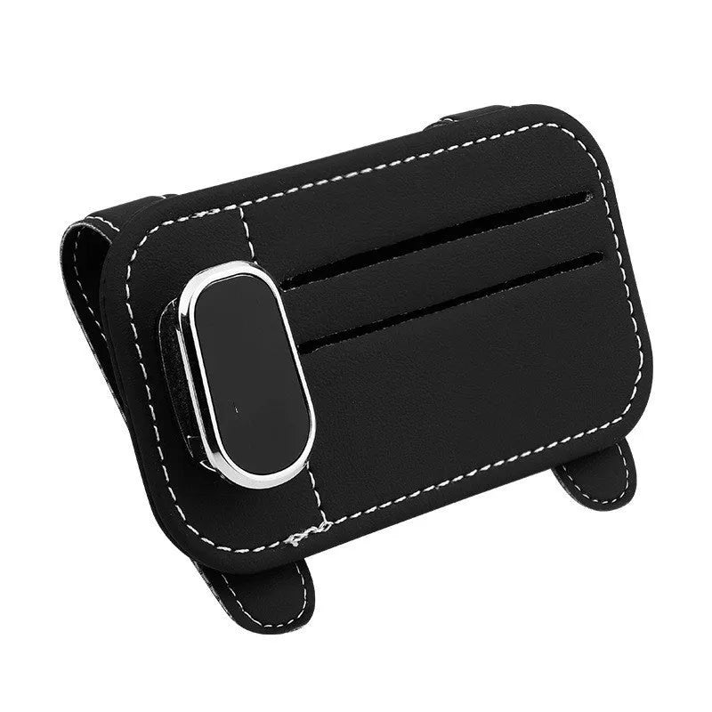 Leather automotive sun visor card holder with integrated glasses clip in five colour options