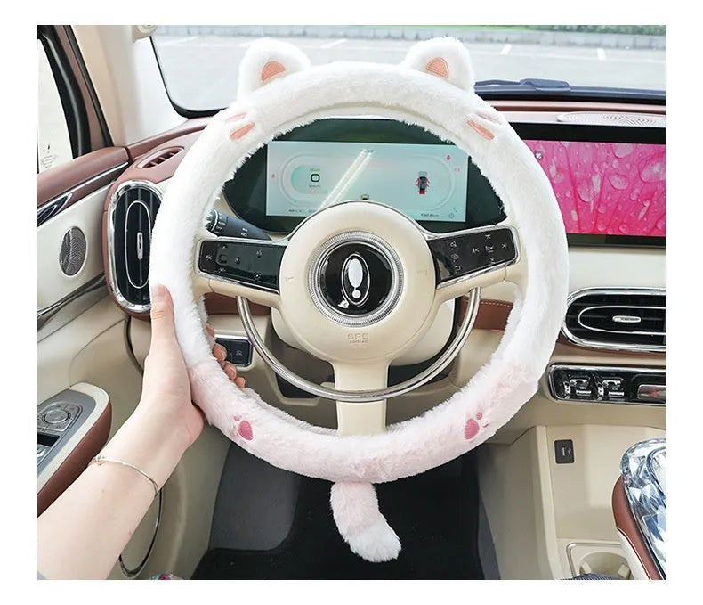 Rabbit fur plush steering wheel cover with embroidered panda, fitted on a 38cm car steering wheel.