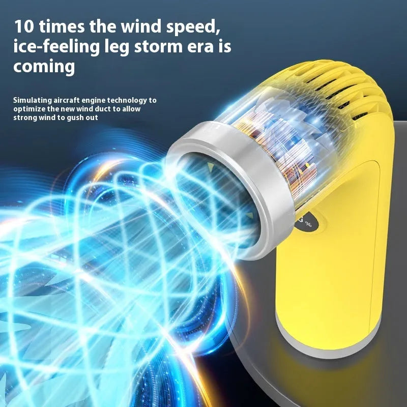 Apricot-coloured bladeless turbine fan with USB power cord on a desk.
