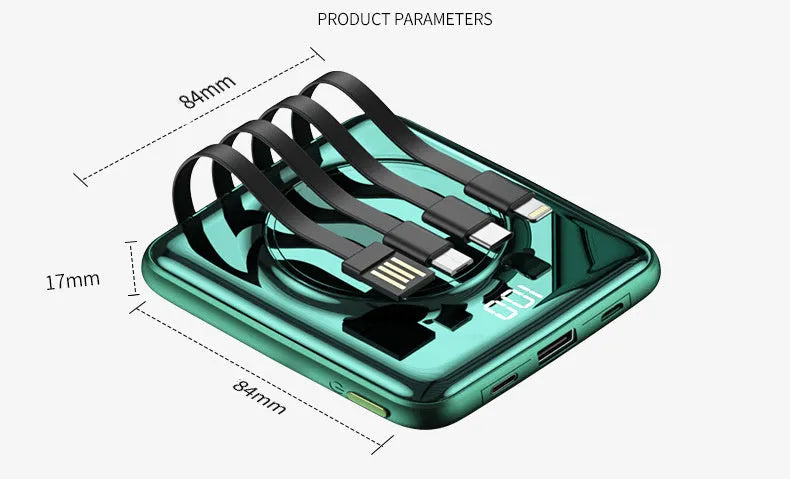 20000mAh PD20W mini power bank in black, green, or red, showing LCD display and compact 84mm size