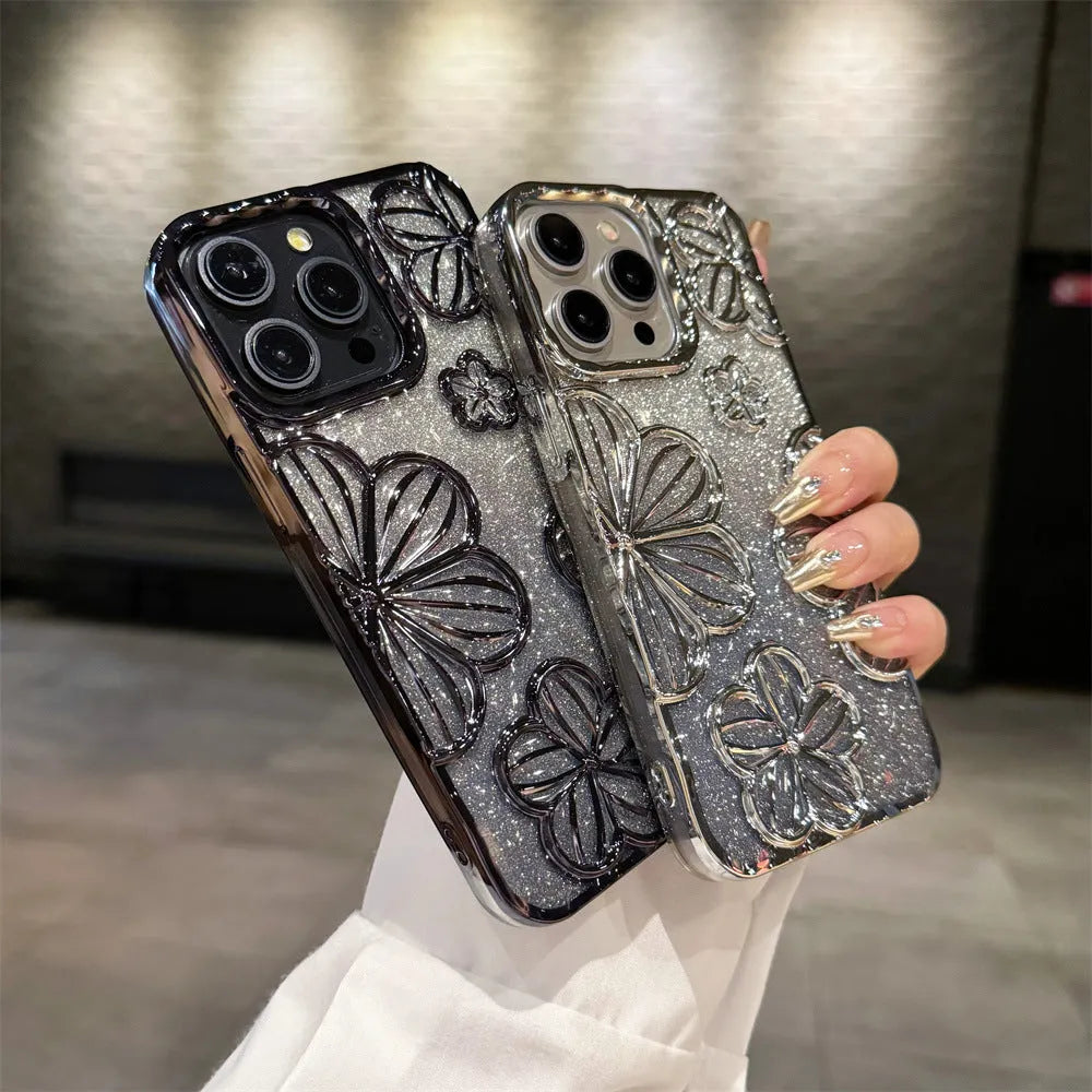 Electroplating glitter flower phone case soft TPU shell for Apple iPhone silver background