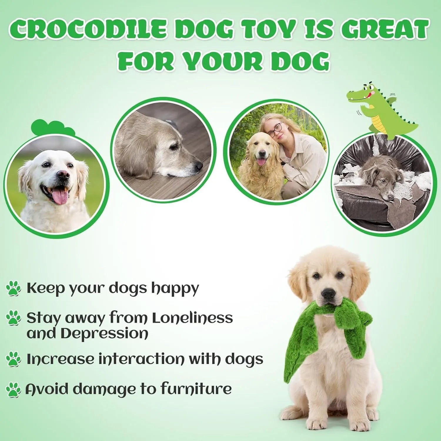 Green crocodile-shaped plush dog toy with a squeaker and crinkle tail for aggressive chewers.
