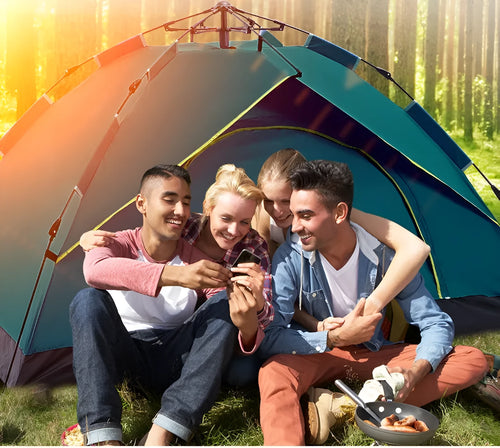 Automatic quick opening family camping tent for 3-4 people, waterproof, fibreglass poles, blue colour