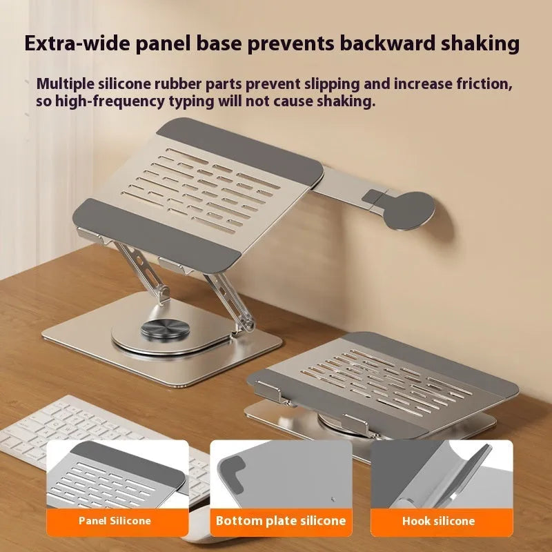 Silver carbon steel laptop stand with rotating base and attached magnetic phone holder