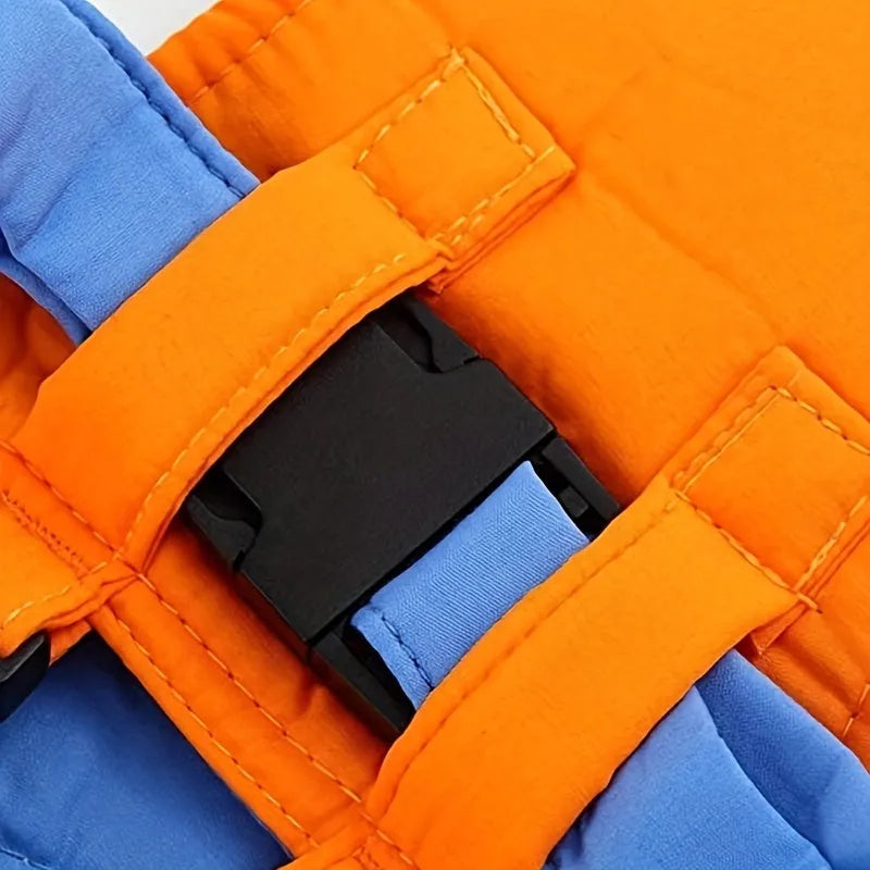 Baby toddler walking harness in orange and blue with adjustable strap and plastic locks