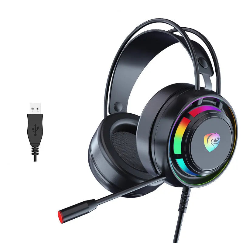 Black wired over-ear computer headphones with a microphone and a choice of 3.5mm or USB plug.