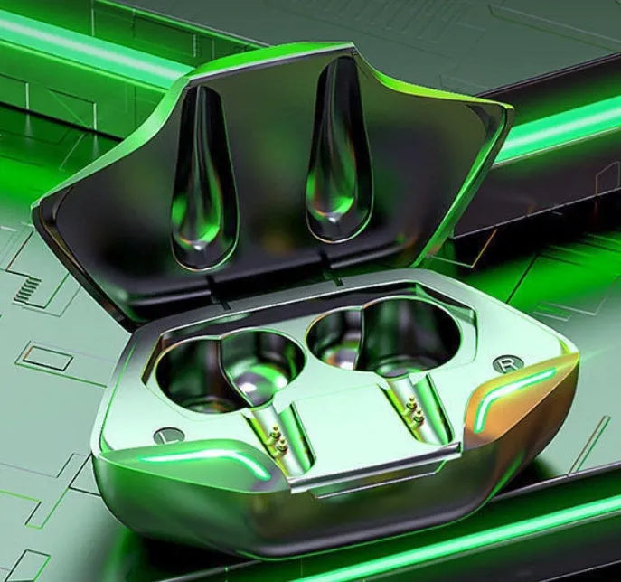 Wireless Bluetooth gaming headset with compact earbuds and a small rectangular charging case.