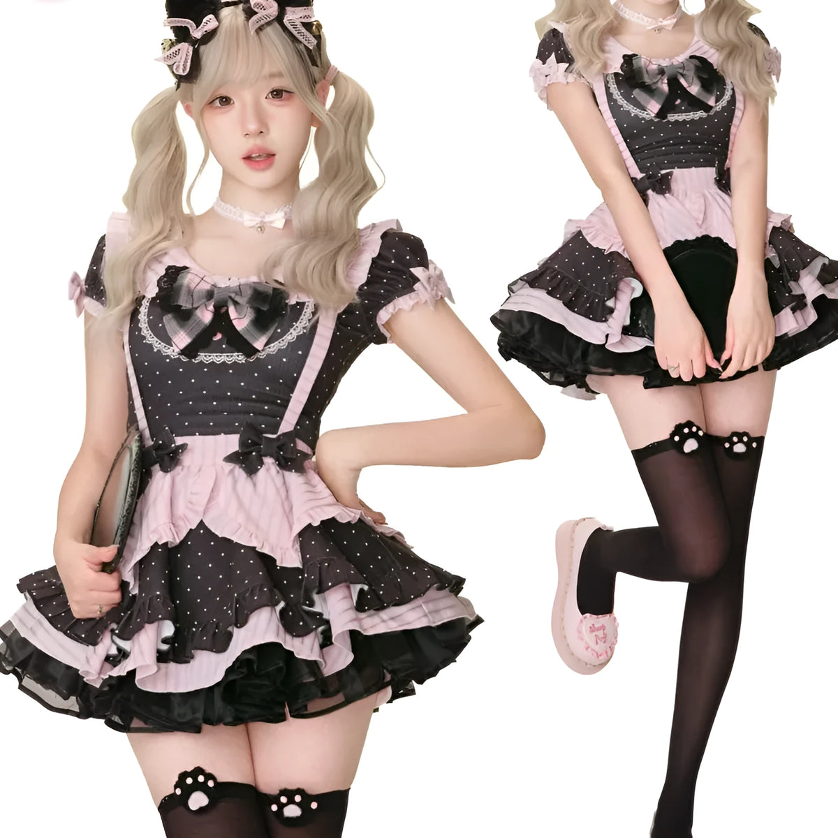 Black polka dot cami top with matching suspender skirt and crinoline, women's girly style set in XS S M