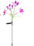 Solar lily flower garden light with purple or red flower head, ground stake, 70cm total height and IP65 waterproof rating