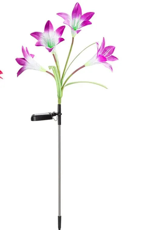 Solar lily flower garden light with purple or red flower head, ground stake, 70cm total height and IP65 waterproof rating