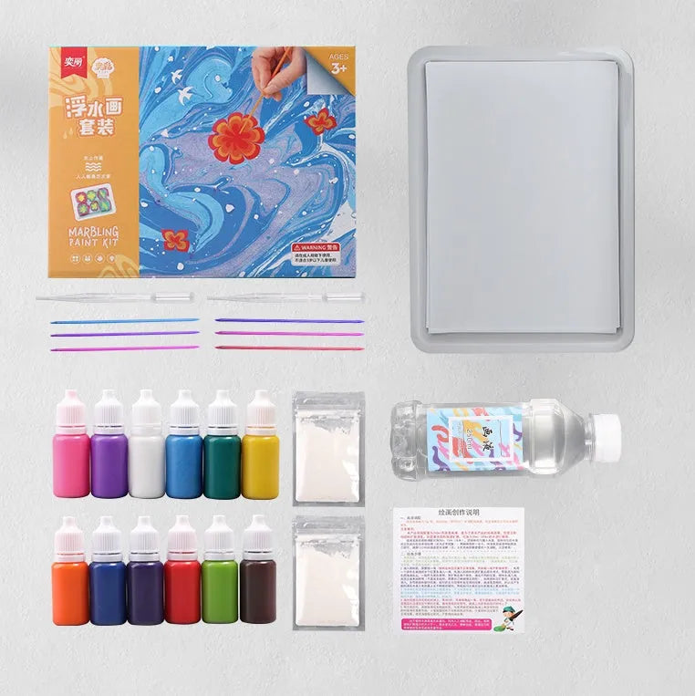 Hand painted doodle educational toys set with pigment bottles, painting liquid, drawing paper and stirring rods