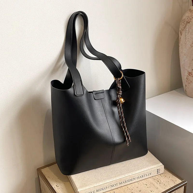 Fashionable PU leather commuter shoulder bag in brown with pendant, horizontal square shape, synthetic leather lining