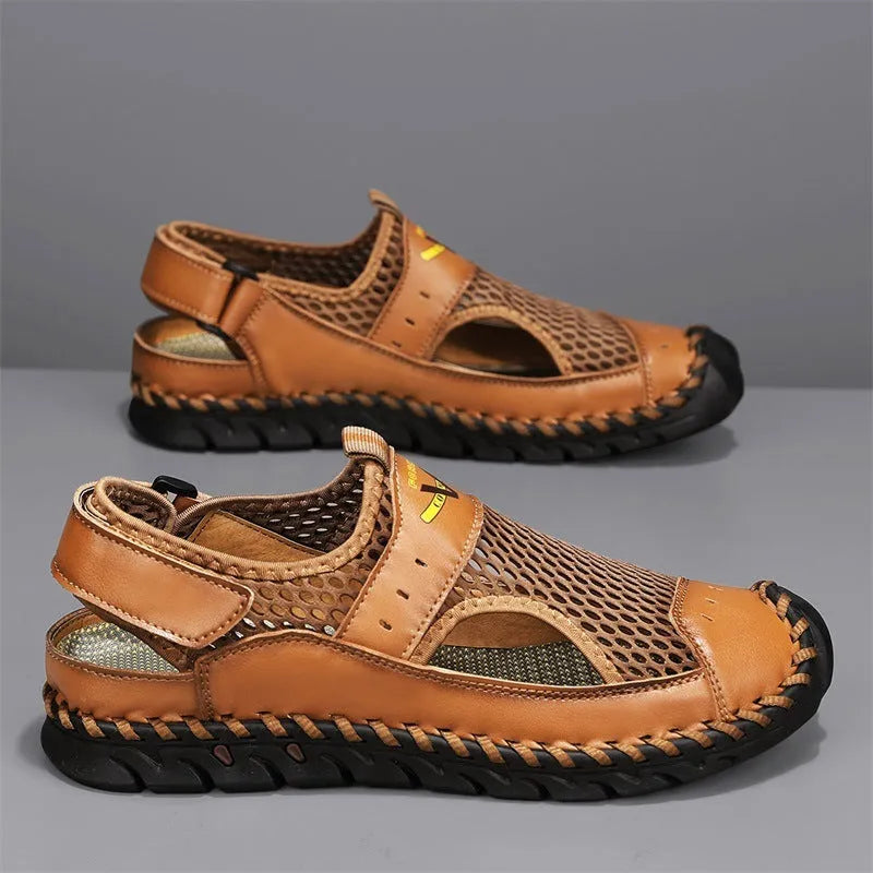 Men's brown breathable mesh low-top casual pumps with a round toe and elastic band