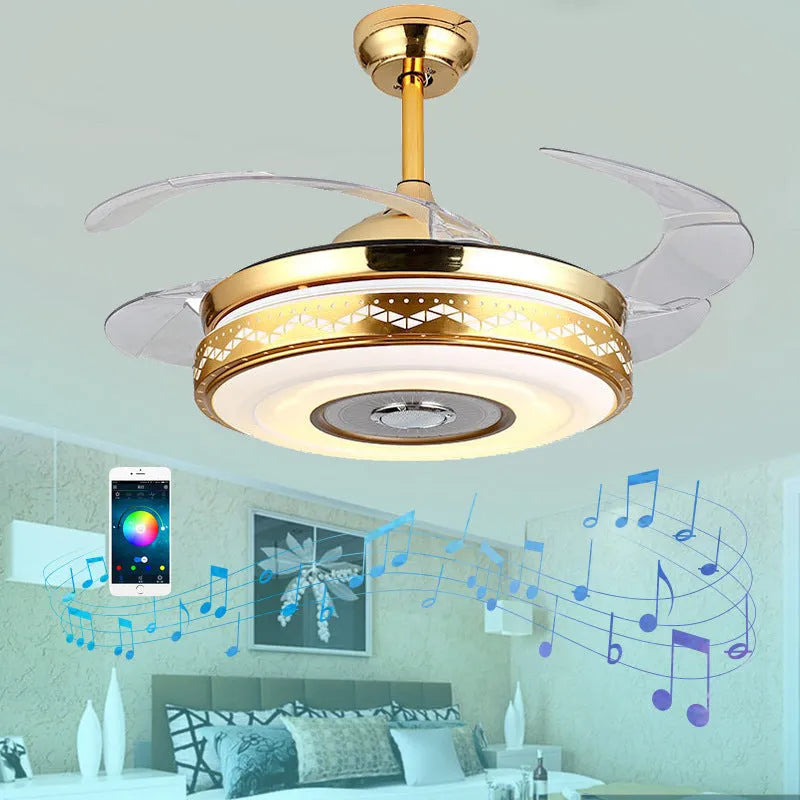 42-inch intelligent home fan light with acrylic blades and gold three-tone light in ceiling installation