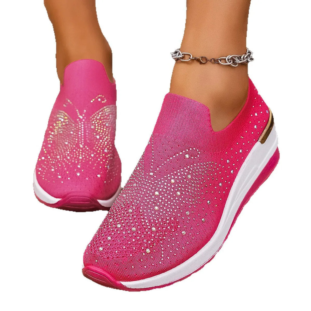 Women's wedge pumps with rhinestone decoration, round toe, mesh upper, low heel 1-3cm