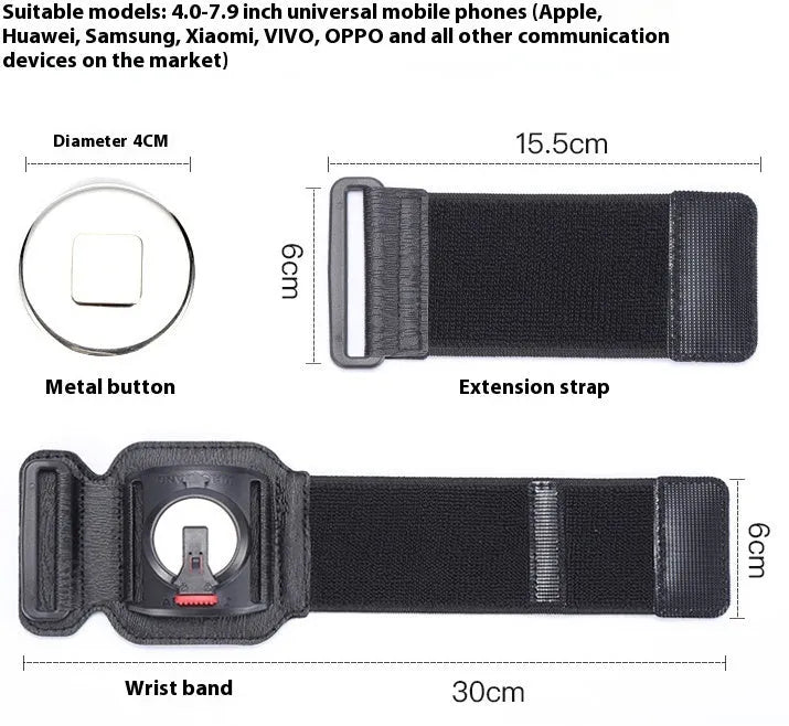 Black mobile phone armband wrist strap for takeaway delivery and sports.