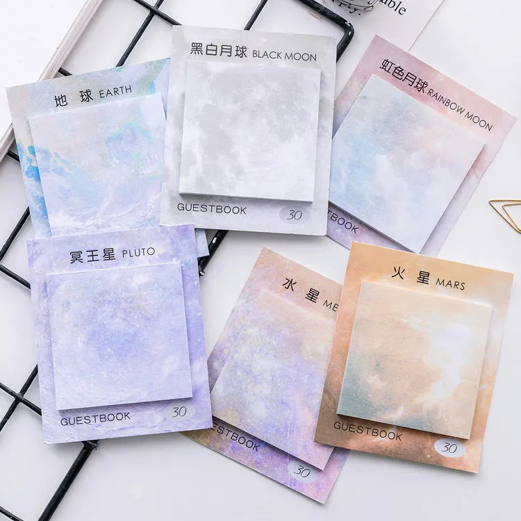 Square 7.3cm planet sticky notes notepad with oil painting designs in six colour options