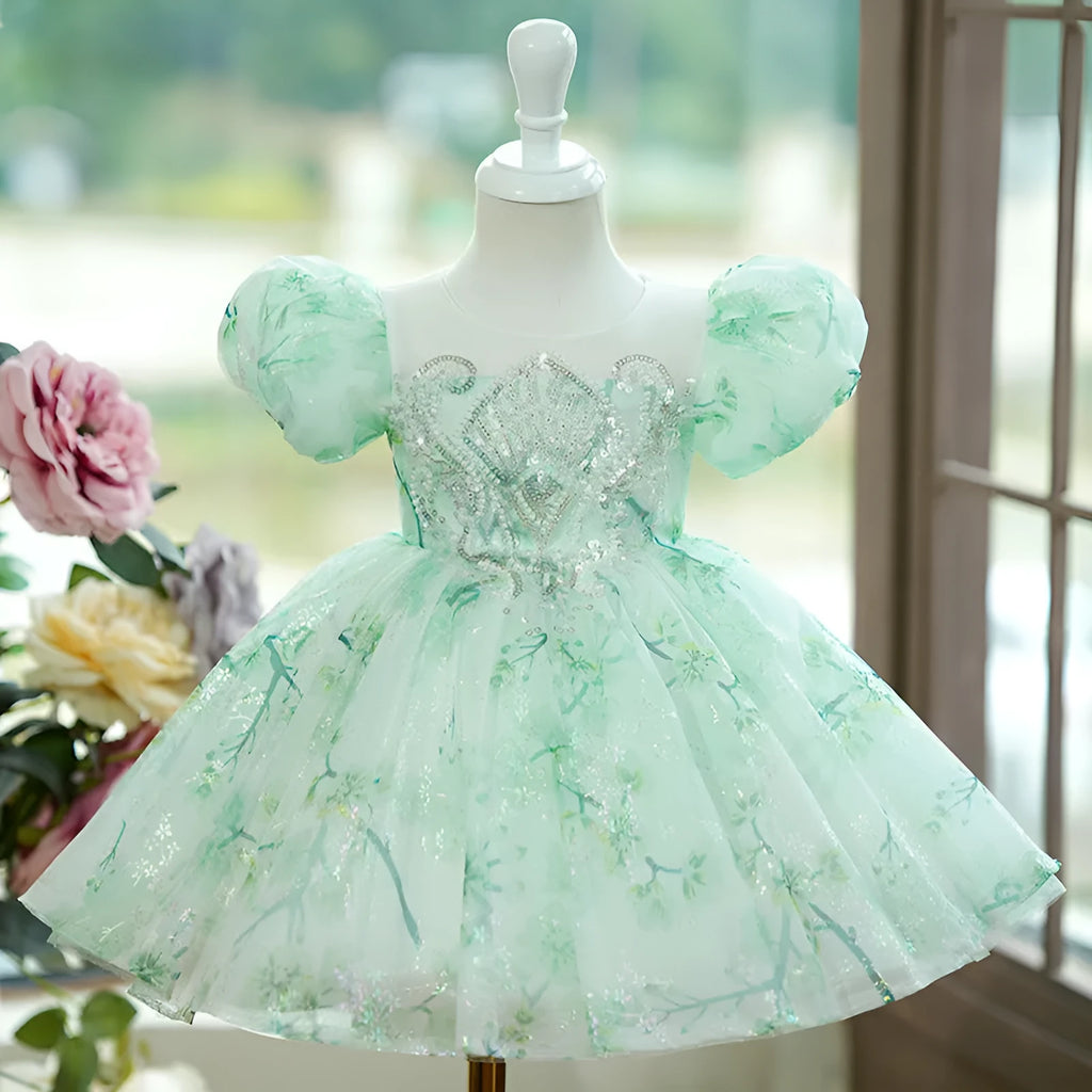 Mint green fluffy gauze princess dress with puff sleeves for girls, height range 80-160cm