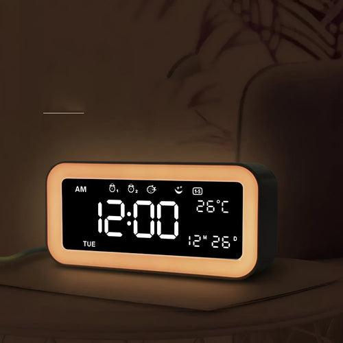 Rectangular blue multifunctional LED alarm clock with digital display and multicoloured atmosphere lighting