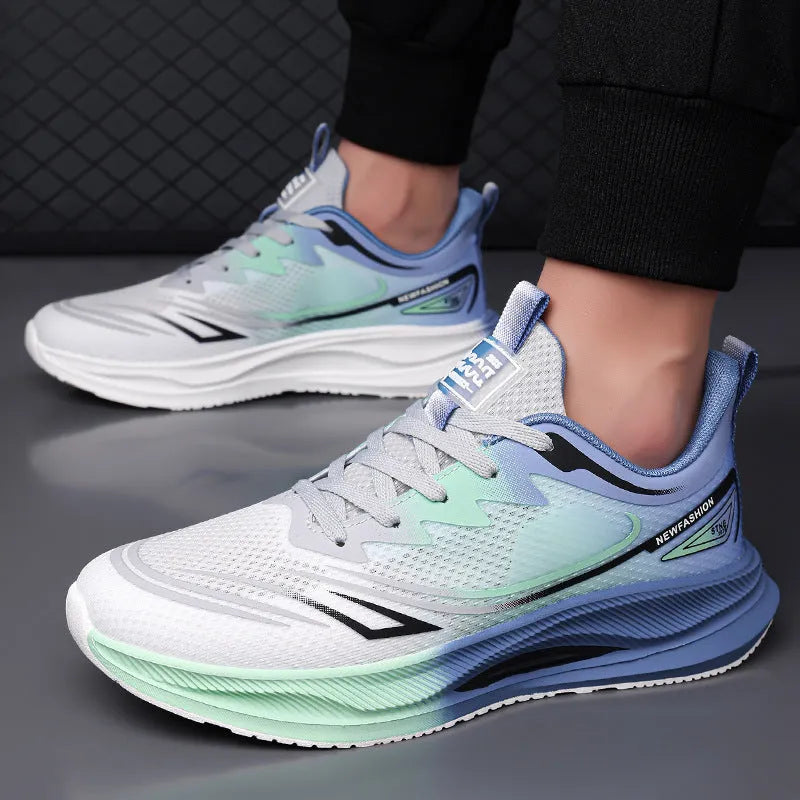 Men's low-top casual shoes in a gray green colour with a woven mesh upper and rubber sole.