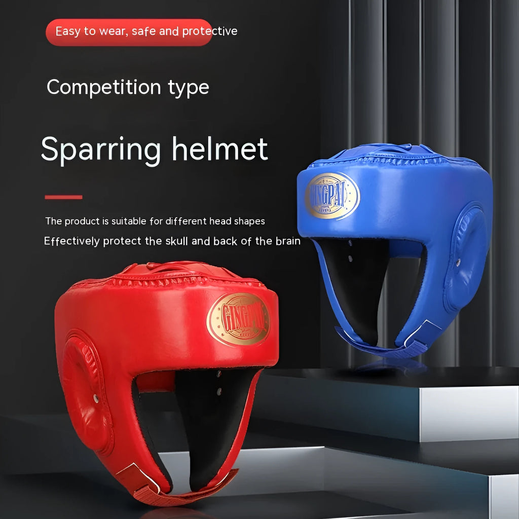 Red fully enclosed boxing helmet with jaw protection for combat training