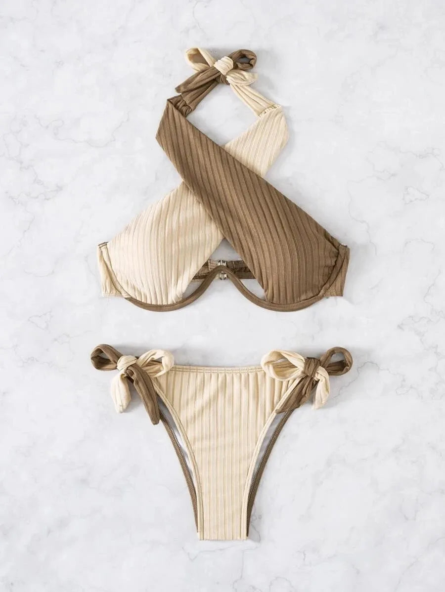 Women's two-colour halter neck cross back bikini set with steel bracket and chest pad, sizes S-XL
