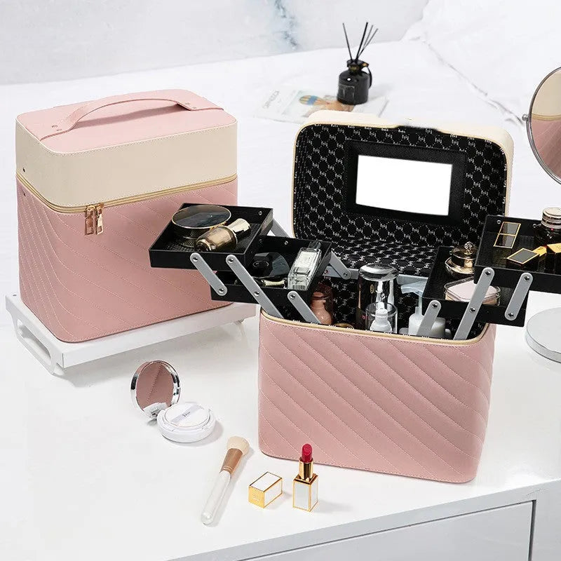 Portable hard-shell cosmetics and jewellery storage box in PU leather, square vertical shape, black colour, with handle