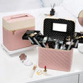Portable hard-shell cosmetics and jewellery storage box in PU leather, square vertical shape, black colour, with handle