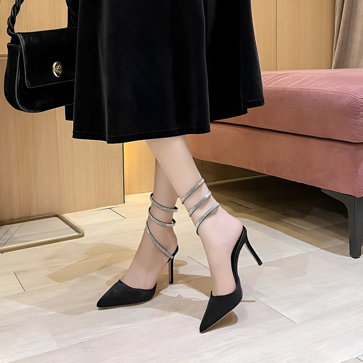Women's pointed stiletto heel shoes in black velvet or white satin with 7cm or 9cm heel and ankle strap