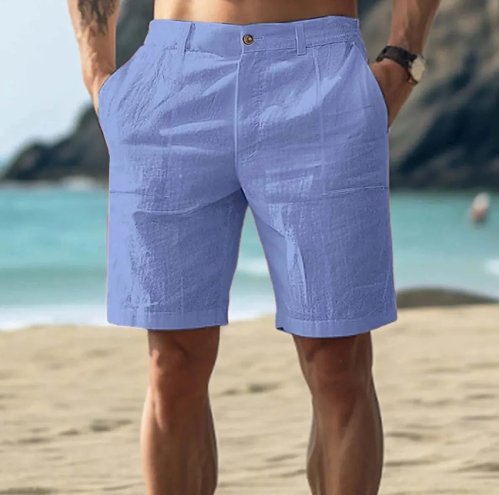 Men's solid-colour casual trousers with a five-point library length, button fly, and straight leg.