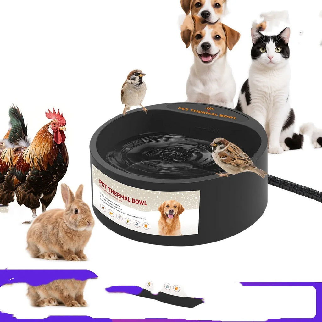 Black electric heated pet bowl for dogs and cats showing cord and 2.2-litre capacity.