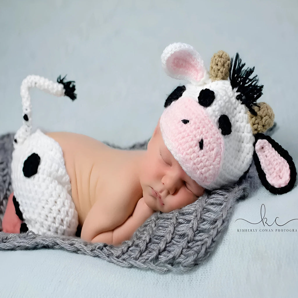 Hand-knitted white baby cow suit with matching pants and hat for newborns